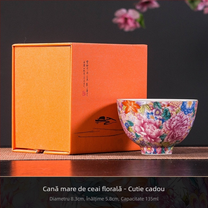 Set ceai din porțelan emailat, stil chinezesc: ceainic, bol cu capac în trei părți și cești pastel pentru uz casnic
