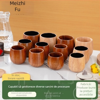 Ceașcă de ceai din lemn, corp mare, lucrată manual, stil japonez, motiv Trei Regate, cană de apă pentru uz casnic