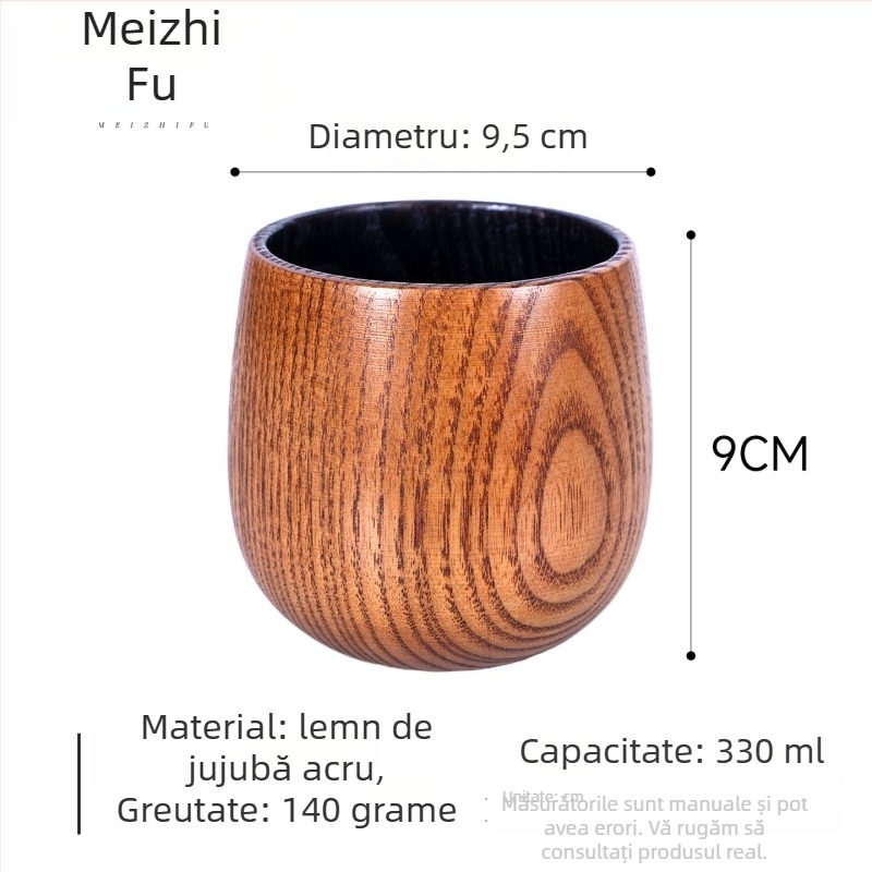 Ceașcă de ceai din lemn, corp mare, lucrată manual, stil japonez, motiv Trei Regate, cană de apă pentru uz casnic