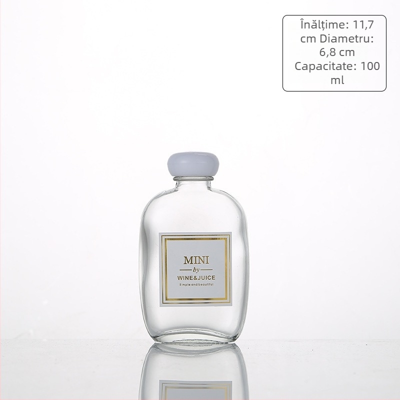 Sticlă pentru băuturi din sticlă – pentru suc, vin și cafea; finisaj transparent sau mat; volum 100–500 ml; capace din lemn, aluminiu, dop din plută sau polimer