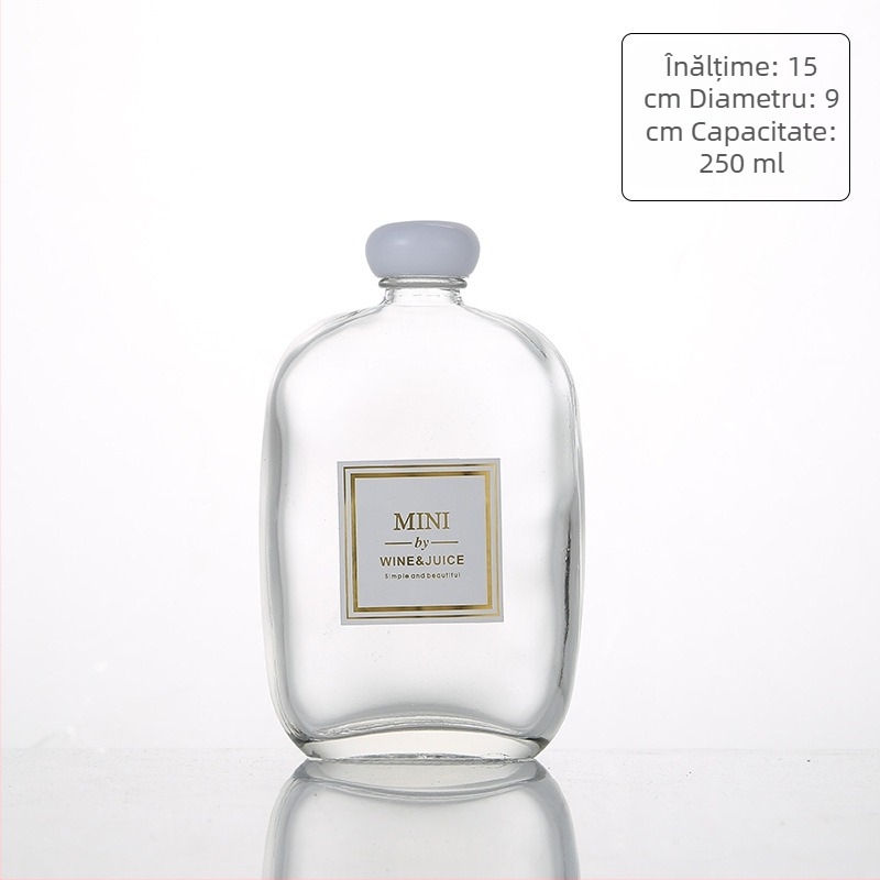 Sticlă pentru băuturi din sticlă – pentru suc, vin și cafea; finisaj transparent sau mat; volum 100–500 ml; capace din lemn, aluminiu, dop din plută sau polimer