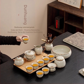 Set ceai ceramic Ru Kiln, model nou 2025, lux ușor retro pentru casă și birou, set complet pentru ceremonia ceaiului într-o cutie cadou, pentru 6–10 persoane