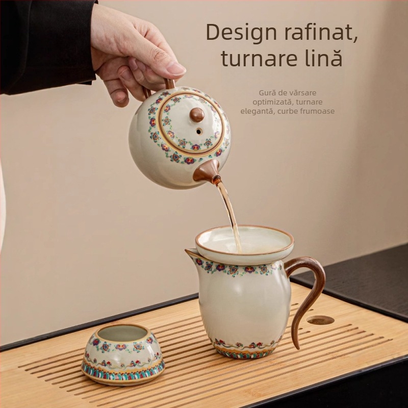 Set ceai ceramic Ru Kiln, model nou 2025, lux ușor retro pentru casă și birou, set complet pentru ceremonia ceaiului într-o cutie cadou, pentru 6–10 persoane