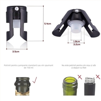 Dop de șampanie din oțel inoxidabil, cu două urechi, pentru păstrarea bulelor vinului spumant.