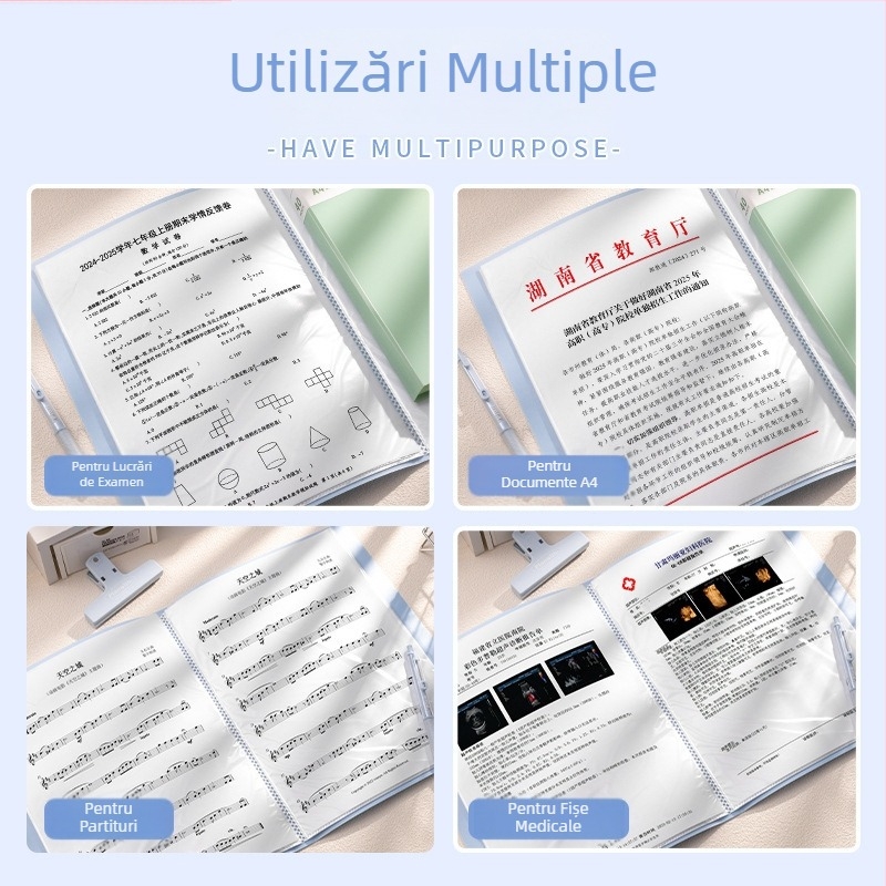 Dosar A4 transparent pentru elevi — organizator de certificate și fișe de teste, 60 de pagini, material PP