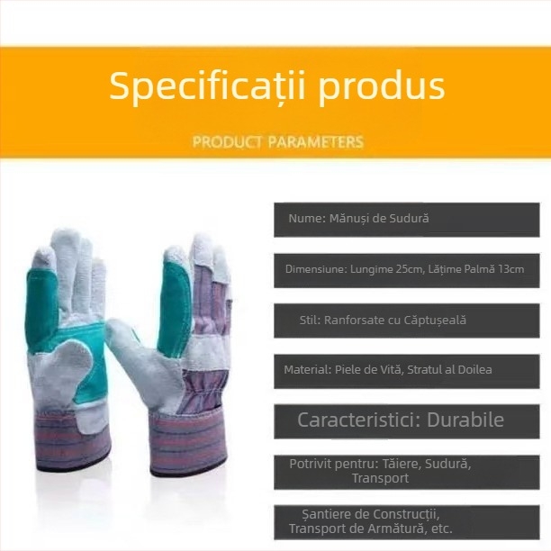 Mănuși de sudură din piele de vițel, cu protecție întărită, anti-arzare, rezistente la uzură și la temperaturi înalte.