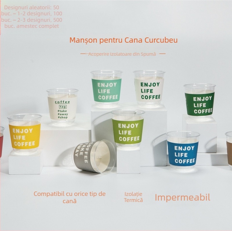 Manșon de unică folosință, texturat, pentru pahare din hârtie și plastic, izolație termică și protecție împotriva arsurilor, reglabil universal, pentru ceai cu lapte și cafea, cu imprimare.