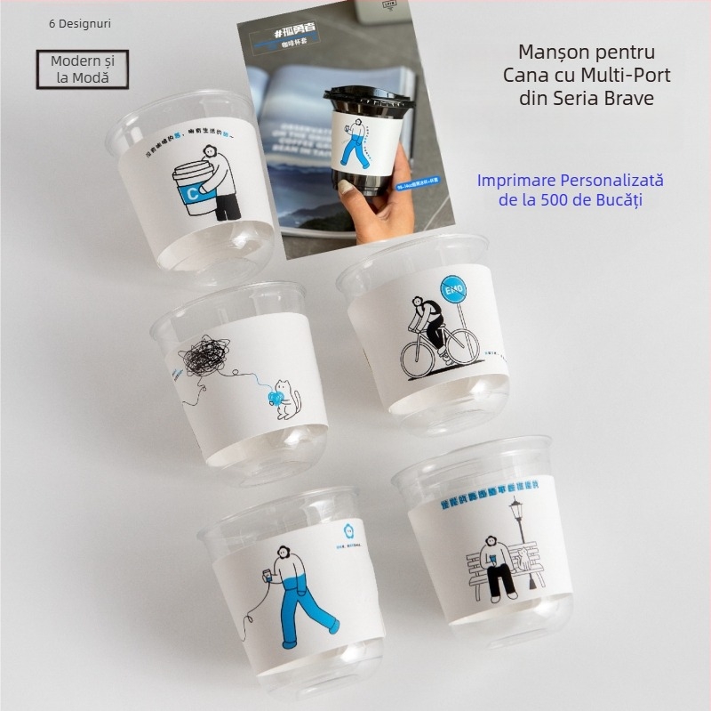 Manșon de unică folosință, texturat, pentru pahare din hârtie și plastic, izolație termică și protecție împotriva arsurilor, reglabil universal, pentru ceai cu lapte și cafea, cu imprimare.