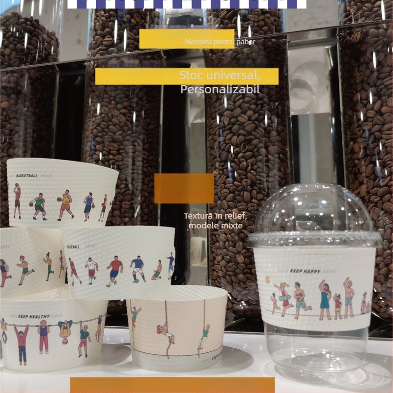 Manșon de unică folosință, texturat, pentru pahare din hârtie și plastic, izolație termică și protecție împotriva arsurilor, reglabil universal, pentru ceai cu lapte și cafea, cu imprimare.
