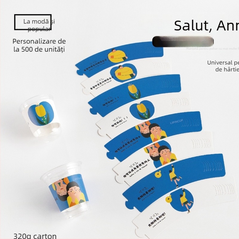 Manșon de unică folosință, texturat, pentru pahare din hârtie și plastic, izolație termică și protecție împotriva arsurilor, reglabil universal, pentru ceai cu lapte și cafea, cu imprimare.