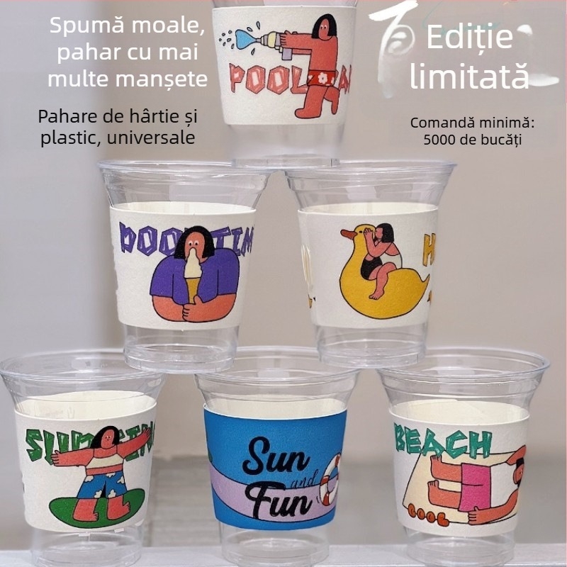 Manșon de unică folosință, texturat, pentru pahare din hârtie și plastic, izolație termică și protecție împotriva arsurilor, reglabil universal, pentru ceai cu lapte și cafea, cu imprimare.