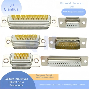 Conector D-Sub DB HDB15, trei rânduri, pini 26/44/50/62/78, masculin și feminin, pini plațați cu aur, tip lipire cu fir