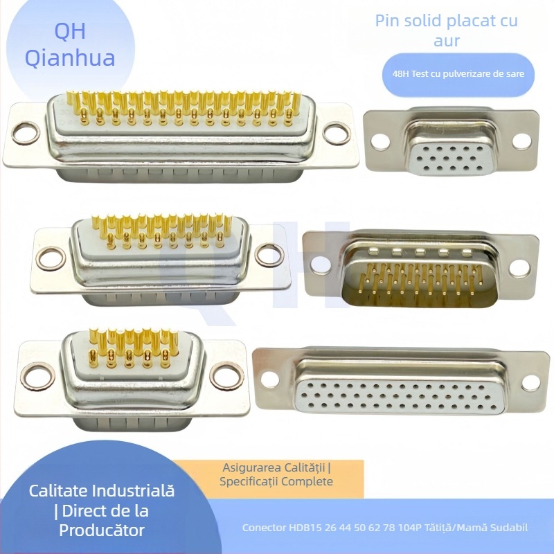 Conector D-Sub DB HDB15, trei rânduri, pini 26/44/50/62/78, masculin și feminin, pini plațați cu aur, tip lipire cu fir