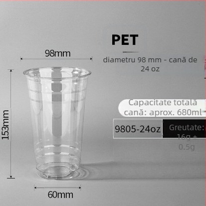 Pahar de cafea, de unică folosință, transparent, pentru băuturi reci și ceai cu lapte, diametrul 98 mm, capacitate 500 ml