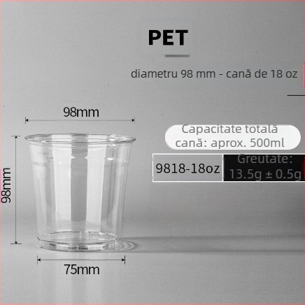 Pahar de cafea, de unică folosință, transparent, pentru băuturi reci și ceai cu lapte, diametrul 98 mm, capacitate 500 ml