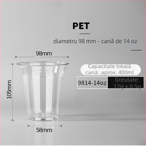 Pahar de cafea, de unică folosință, transparent, pentru băuturi reci și ceai cu lapte, diametrul 98 mm, capacitate 500 ml