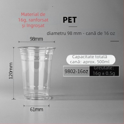 Pahar de cafea, de unică folosință, transparent, pentru băuturi reci și ceai cu lapte, diametrul 98 mm, capacitate 500 ml