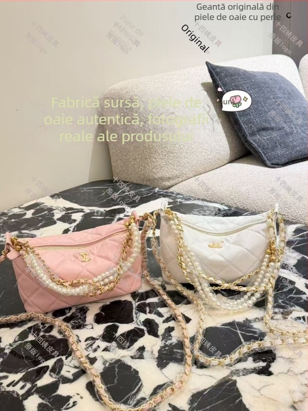 Xiangjia geantă din piele de oaie cu lanț de perle și broderie romb — geantă mică vintage pentru femei, crossbody, colecția primăvară 2026