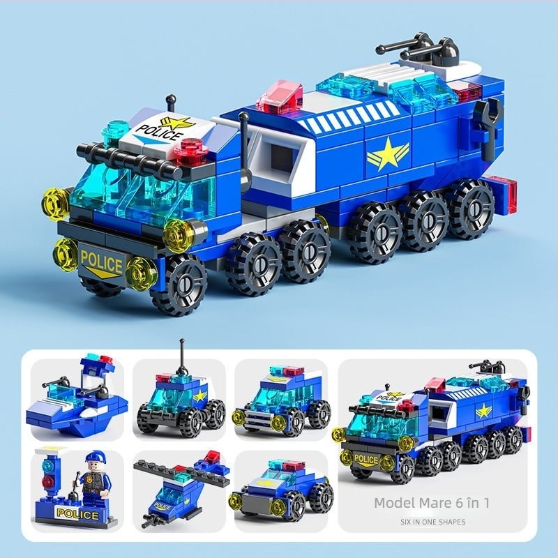 Set de blocuri Lego-compatible pentru copii, șase în unu: teme de pompieri, poliție, inginerie militară și tanc