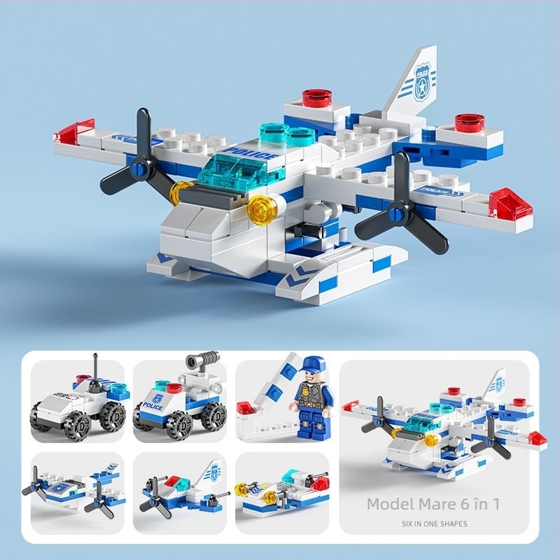 Set de blocuri Lego-compatible pentru copii, șase în unu: teme de pompieri, poliție, inginerie militară și tanc