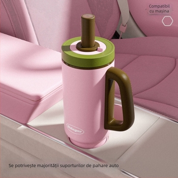 Cană termoizolantă, cu capacitate mare, din oțel inoxidabil 316L, cu pai, pentru mașină, deschidere printr-un singur clic