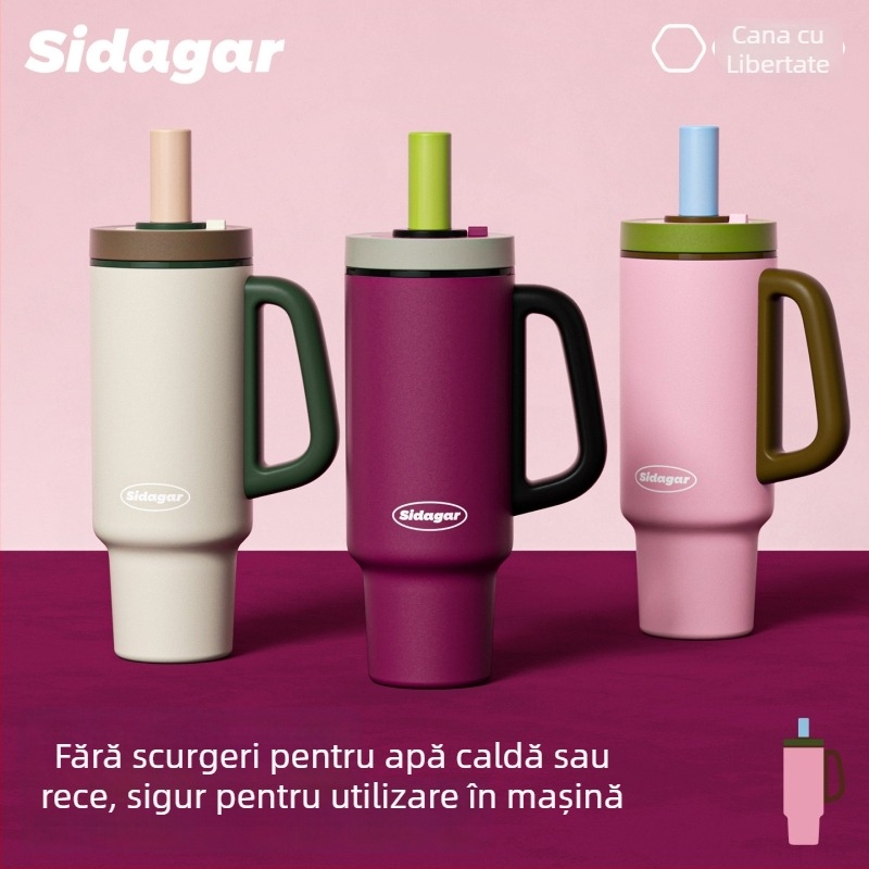 Cană termoizolantă, cu capacitate mare, din oțel inoxidabil 316L, cu pai, pentru mașină, deschidere printr-un singur clic