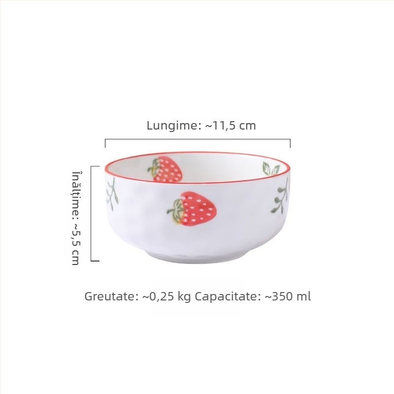 Set ceramic pentru bucătărie creativ cu motive fructate; include bol mare pentru supă, bol pentru tăiței, boluri pentru gustări, farfurie și lingură; boluri conice colorate sub glazură.