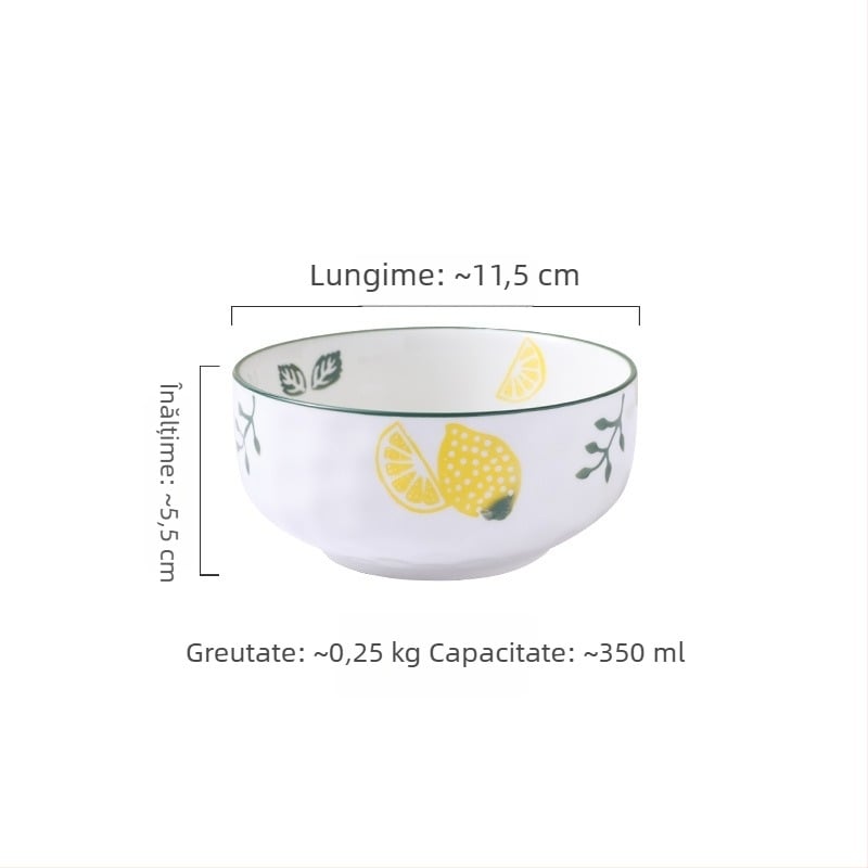 Set ceramic pentru bucătărie creativ cu motive fructate; include bol mare pentru supă, bol pentru tăiței, boluri pentru gustări, farfurie și lingură; boluri conice colorate sub glazură.