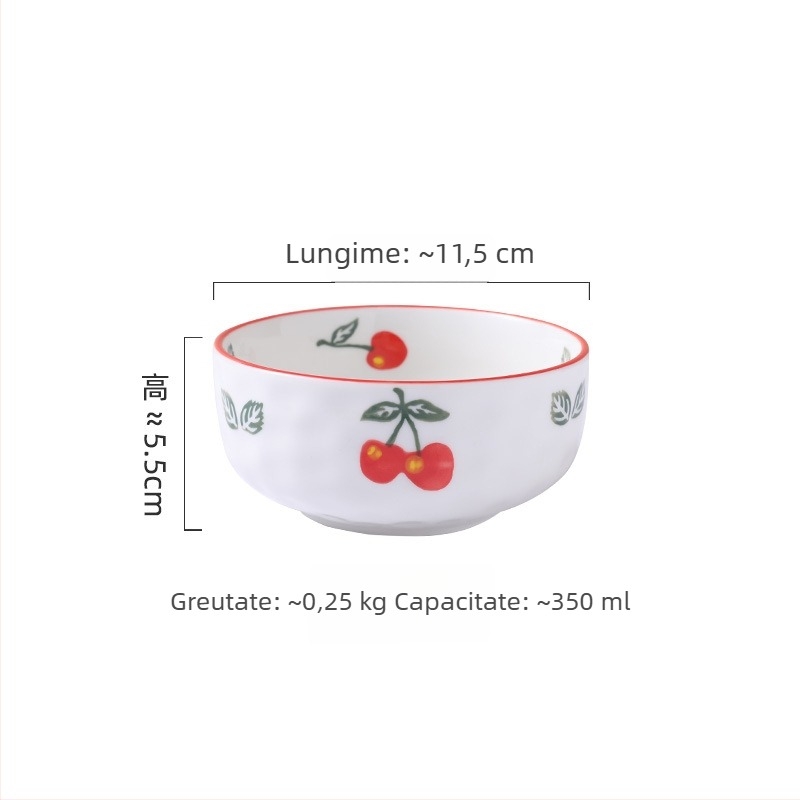 Set ceramic pentru bucătărie creativ cu motive fructate; include bol mare pentru supă, bol pentru tăiței, boluri pentru gustări, farfurie și lingură; boluri conice colorate sub glazură.