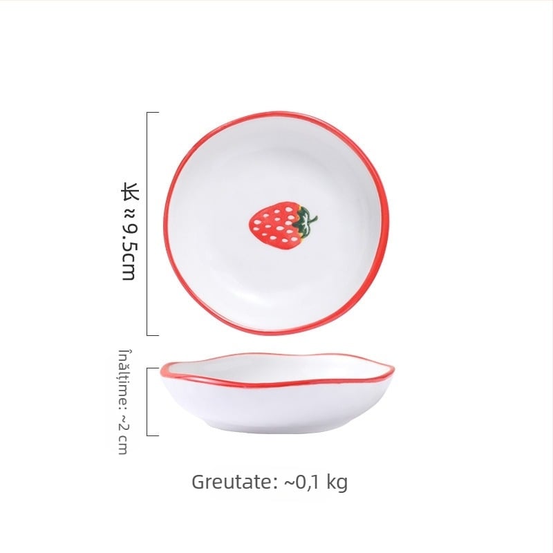 Set ceramic pentru bucătărie creativ cu motive fructate; include bol mare pentru supă, bol pentru tăiței, boluri pentru gustări, farfurie și lingură; boluri conice colorate sub glazură.