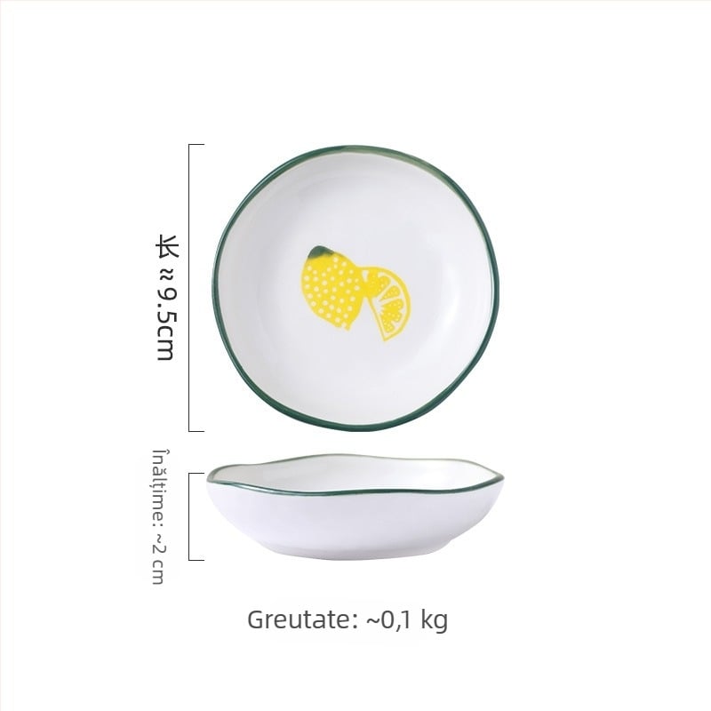Set ceramic pentru bucătărie creativ cu motive fructate; include bol mare pentru supă, bol pentru tăiței, boluri pentru gustări, farfurie și lingură; boluri conice colorate sub glazură.