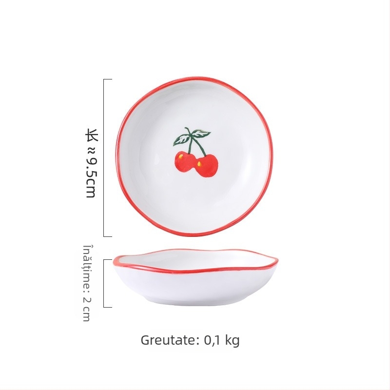 Set ceramic pentru bucătărie creativ cu motive fructate; include bol mare pentru supă, bol pentru tăiței, boluri pentru gustări, farfurie și lingură; boluri conice colorate sub glazură.