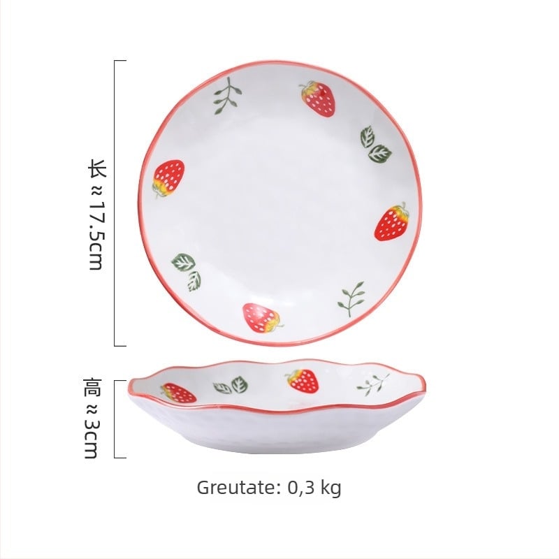 Set ceramic pentru bucătărie creativ cu motive fructate; include bol mare pentru supă, bol pentru tăiței, boluri pentru gustări, farfurie și lingură; boluri conice colorate sub glazură.