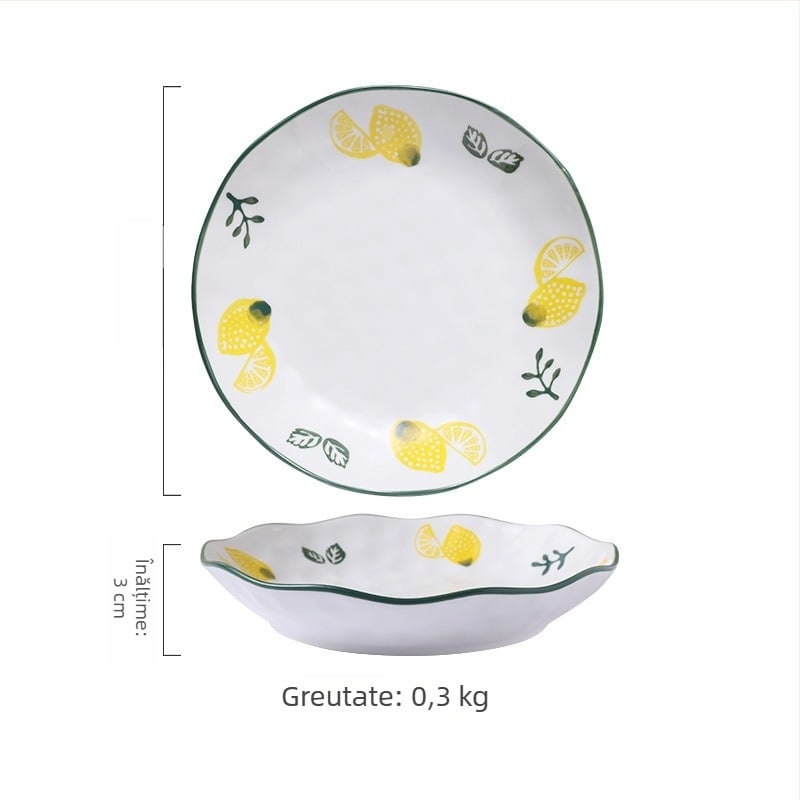 Set ceramic pentru bucătărie creativ cu motive fructate; include bol mare pentru supă, bol pentru tăiței, boluri pentru gustări, farfurie și lingură; boluri conice colorate sub glazură.