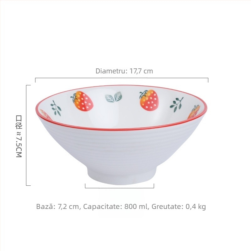 Set ceramic pentru bucătărie creativ cu motive fructate; include bol mare pentru supă, bol pentru tăiței, boluri pentru gustări, farfurie și lingură; boluri conice colorate sub glazură.