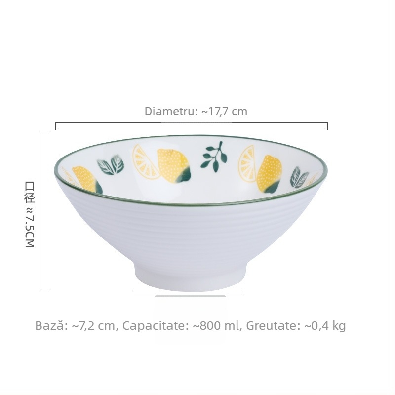 Set ceramic pentru bucătărie creativ cu motive fructate; include bol mare pentru supă, bol pentru tăiței, boluri pentru gustări, farfurie și lingură; boluri conice colorate sub glazură.