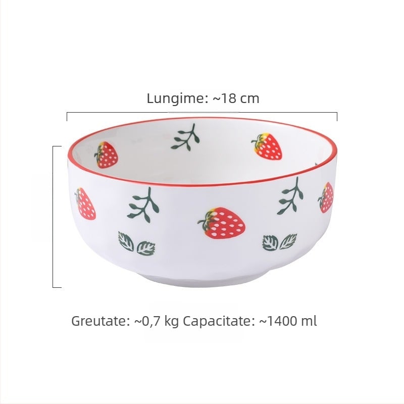 Set ceramic pentru bucătărie creativ cu motive fructate; include bol mare pentru supă, bol pentru tăiței, boluri pentru gustări, farfurie și lingură; boluri conice colorate sub glazură.