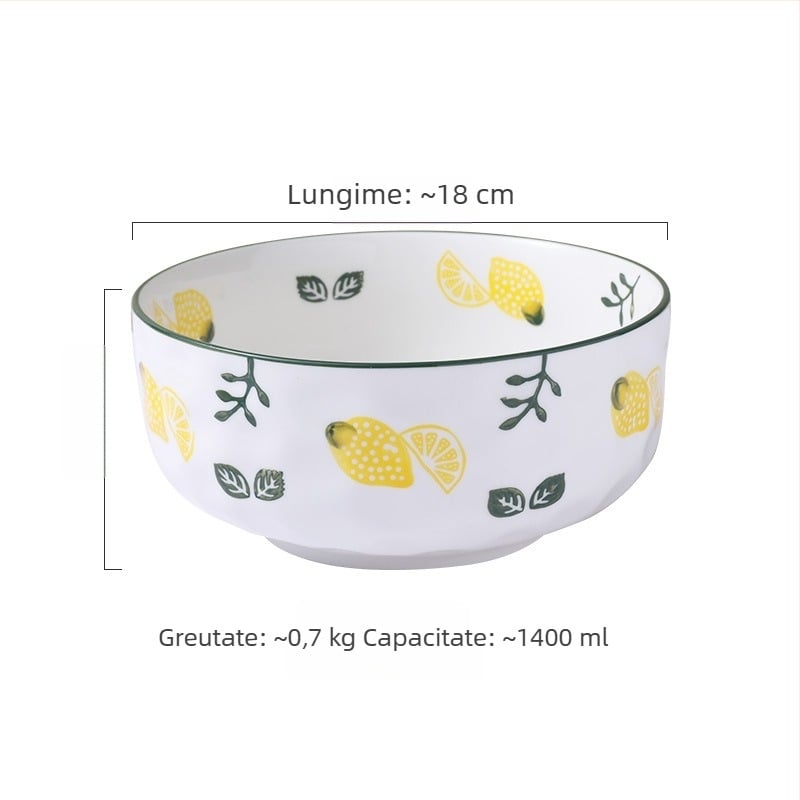 Set ceramic pentru bucătărie creativ cu motive fructate; include bol mare pentru supă, bol pentru tăiței, boluri pentru gustări, farfurie și lingură; boluri conice colorate sub glazură.