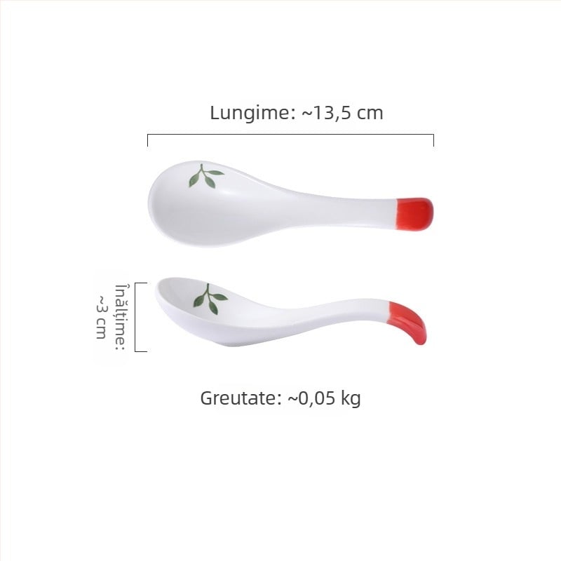 Set ceramic pentru bucătărie creativ cu motive fructate; include bol mare pentru supă, bol pentru tăiței, boluri pentru gustări, farfurie și lingură; boluri conice colorate sub glazură.