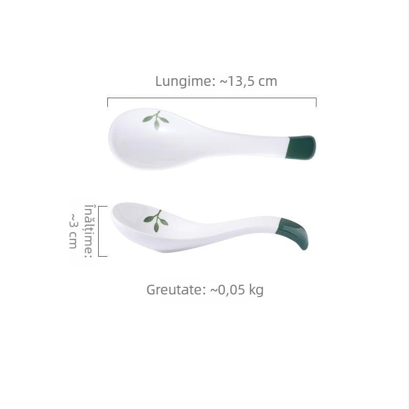 Set ceramic pentru bucătărie creativ cu motive fructate; include bol mare pentru supă, bol pentru tăiței, boluri pentru gustări, farfurie și lingură; boluri conice colorate sub glazură.