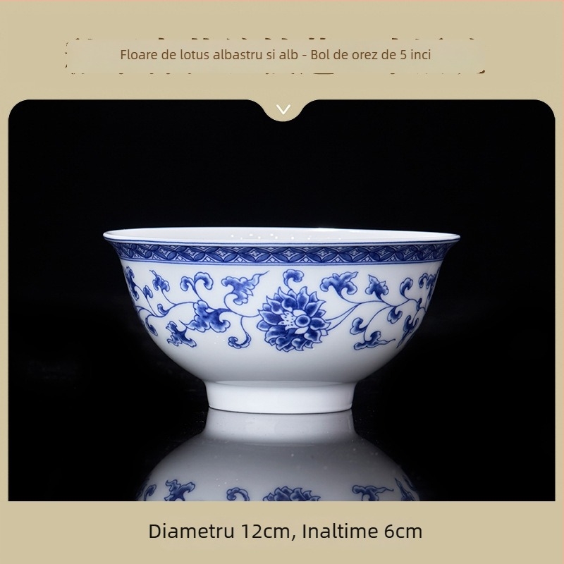 Bol ceramic pentru orez, stil național, porțelan albastru și alb, veselă ceramică elegantă