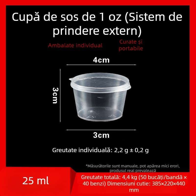 Cupă de sos de unică folosință, recipient rotund PP pentru sosuri, oțet și ulei de ardei iute, cutiuță pentru dip, capacitate sub 100 ml, 1 oz–5 oz