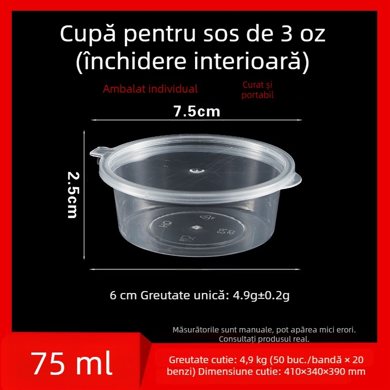 Cupă de sos de unică folosință, recipient rotund PP pentru sosuri, oțet și ulei de ardei iute, cutiuță pentru dip, capacitate sub 100 ml, 1 oz–5 oz