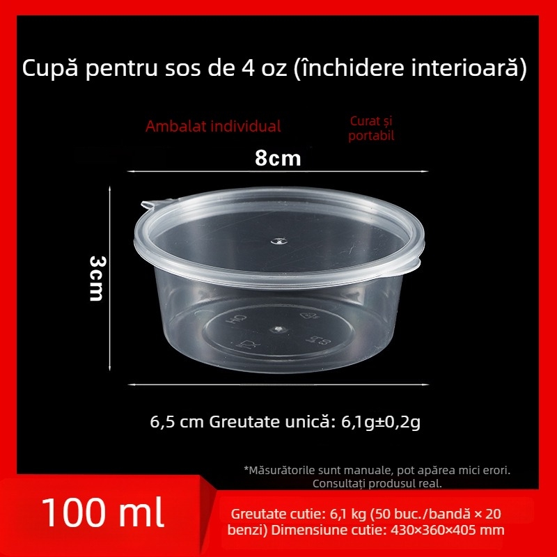 Cupă de sos de unică folosință, recipient rotund PP pentru sosuri, oțet și ulei de ardei iute, cutiuță pentru dip, capacitate sub 100 ml, 1 oz–5 oz
