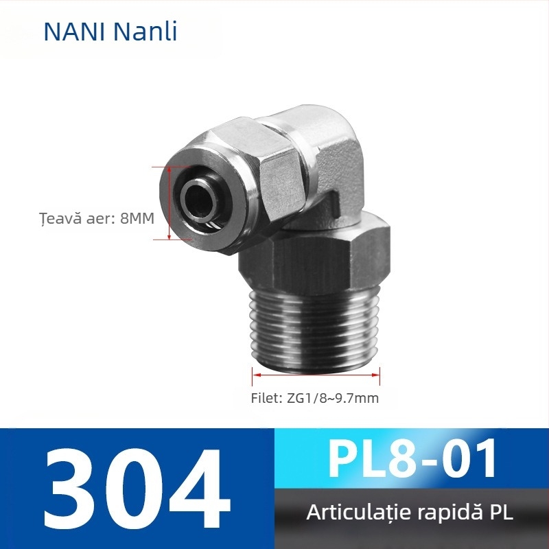 304 oțel inoxidabil, fiting pneumatic cu răsucire rapidă PL8-01, cu piuliță de blocare, unghi drept cu filet exterior, cot pneumatic rotativ universal 6-1