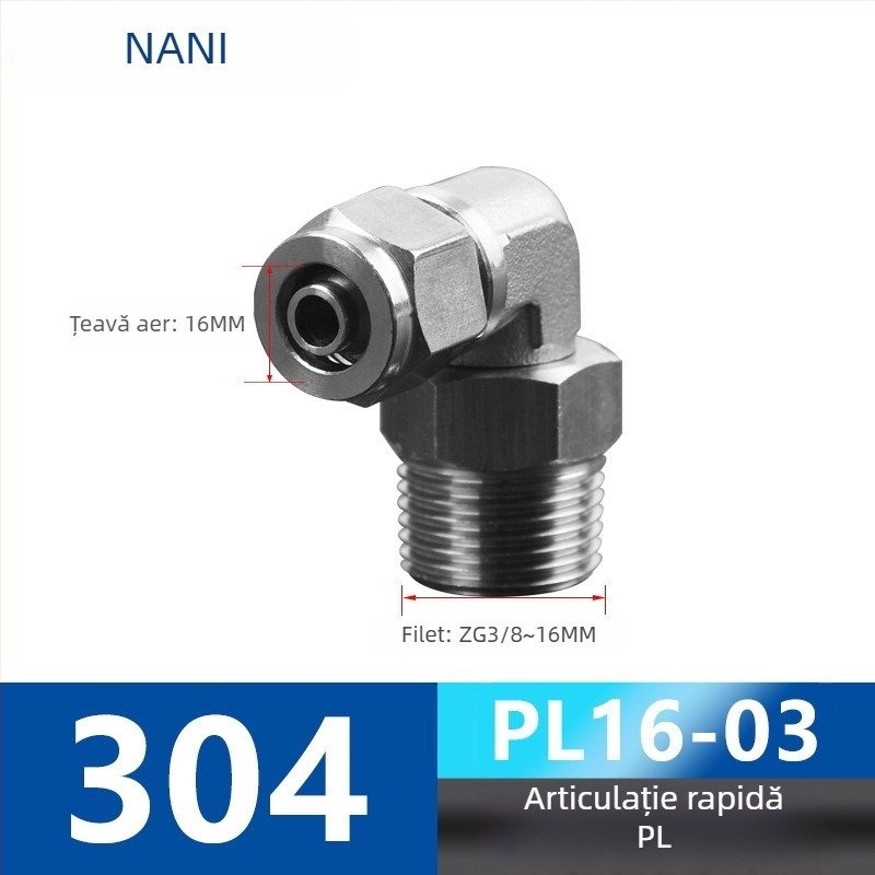 304 oțel inoxidabil, fiting pneumatic cu răsucire rapidă PL8-01, cu piuliță de blocare, unghi drept cu filet exterior, cot pneumatic rotativ universal 6-1