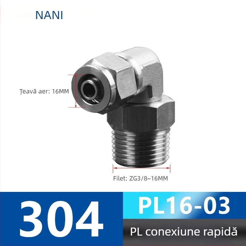304 oțel inoxidabil, fiting pneumatic cu răsucire rapidă PL8-01, cu piuliță de blocare, unghi drept cu filet exterior, cot pneumatic rotativ universal 6-1