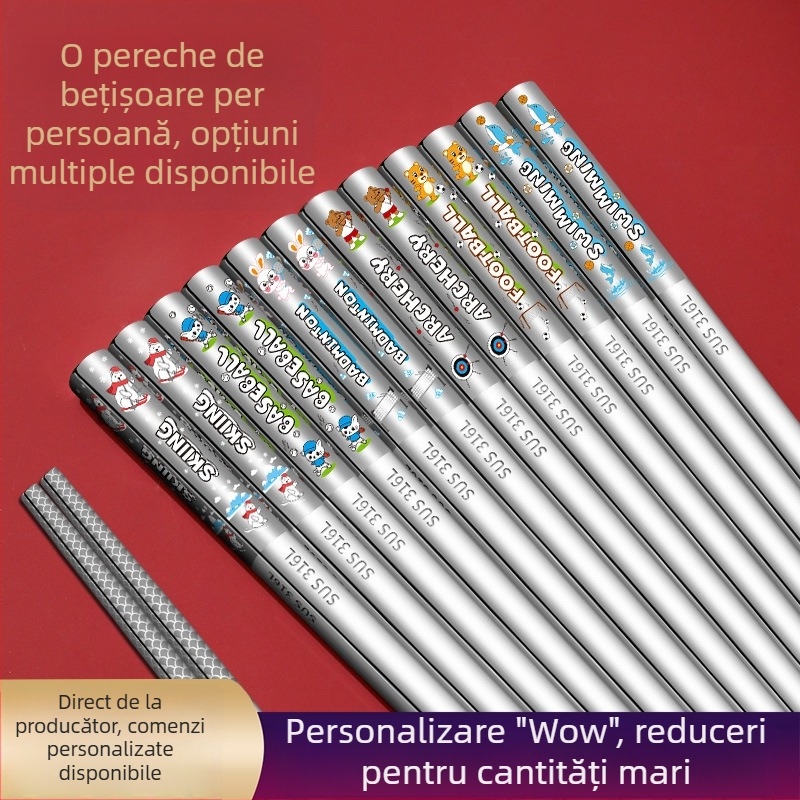 Bețișoare chineze personalizate din oțel inoxidabil 316, pentru uz casnic, câte un bețișor pe persoană, design pătrat complet, logo cu laser
