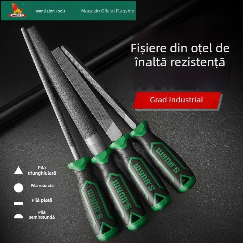 Set de fișiere Power Lion – fișiere asortate (triunghiulare, rotunde, plate, semi-rotunde) din oțel T12, cu mâner, 200–300 mm
