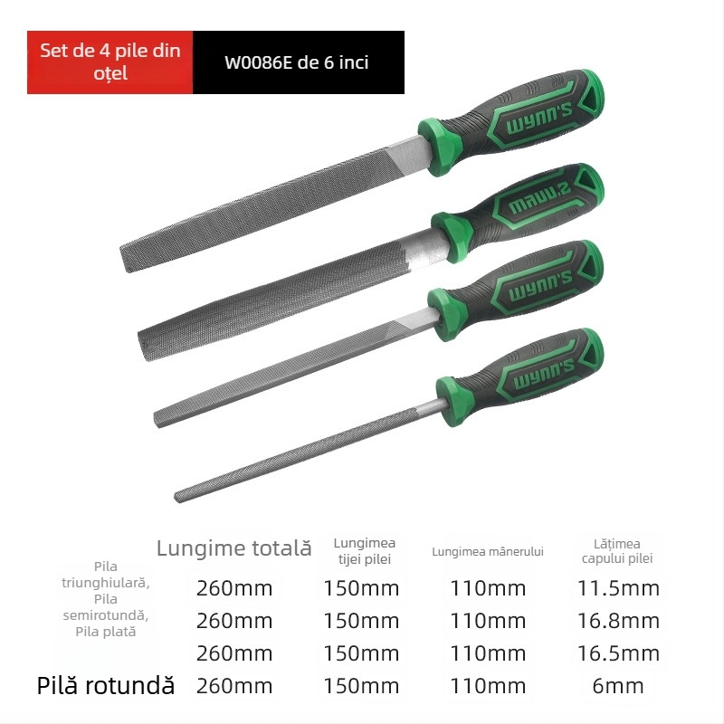 Set de fișiere Power Lion – fișiere asortate (triunghiulare, rotunde, plate, semi-rotunde) din oțel T12, cu mâner, 200–300 mm